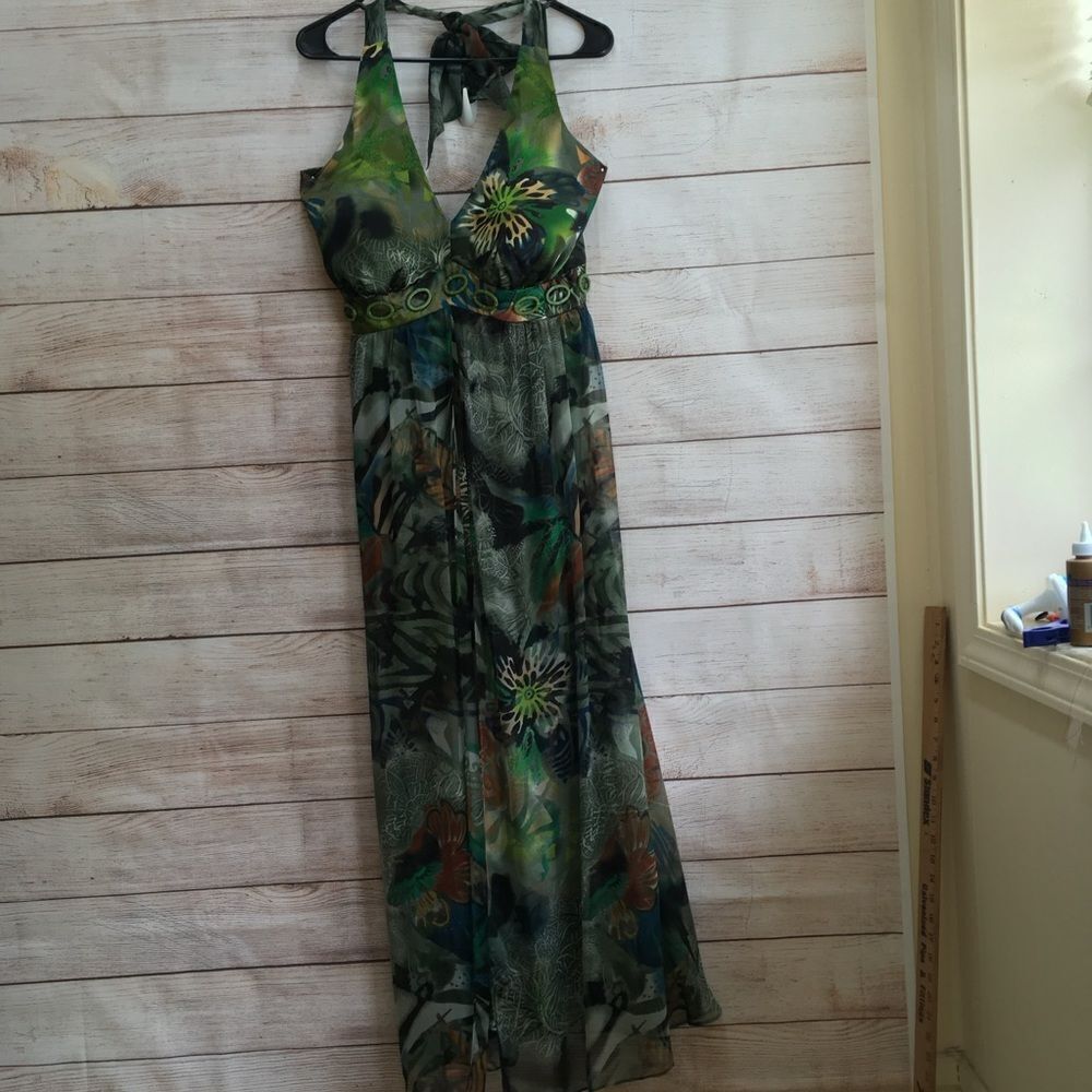 MIDNIGHT VELVET 100% SILK MAXI DRESS IN TROPICAL PRINT